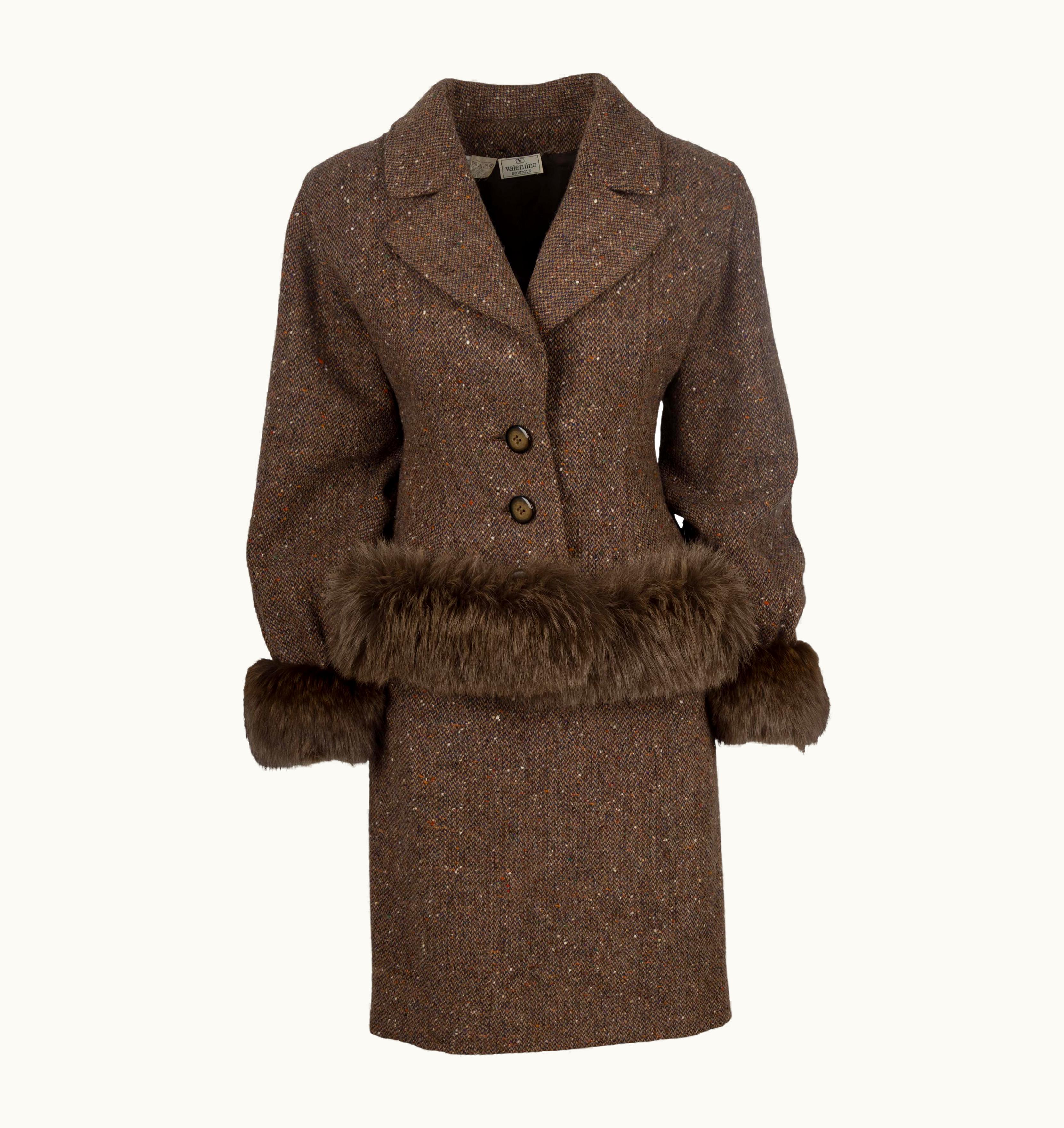 Valentino Valentino Maroon & Brown Boucle Wool Skirt Suit - '80s