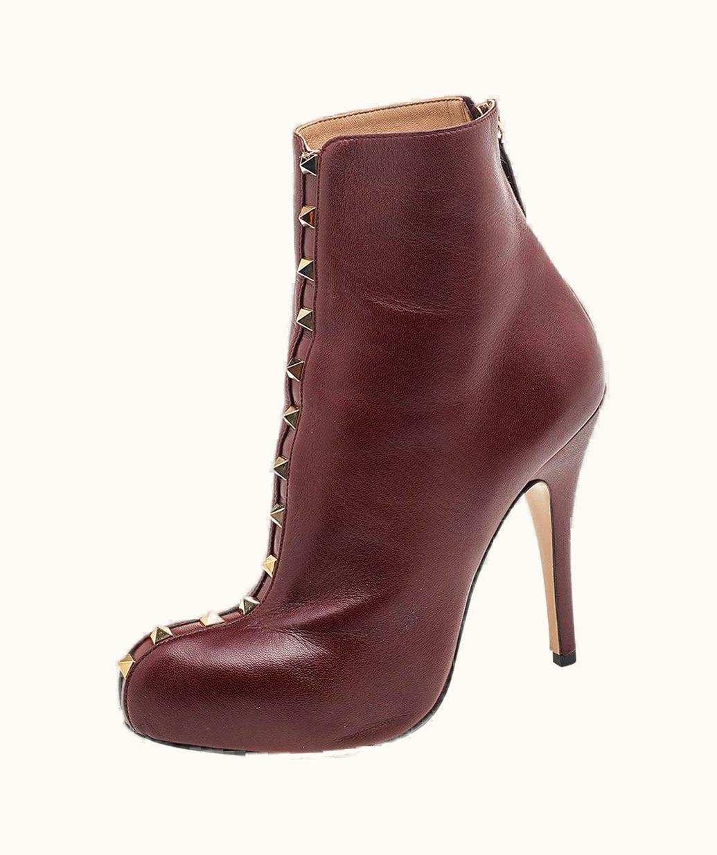 Valentino Valentino Burgundy Leather Rockstud Ankle Boots