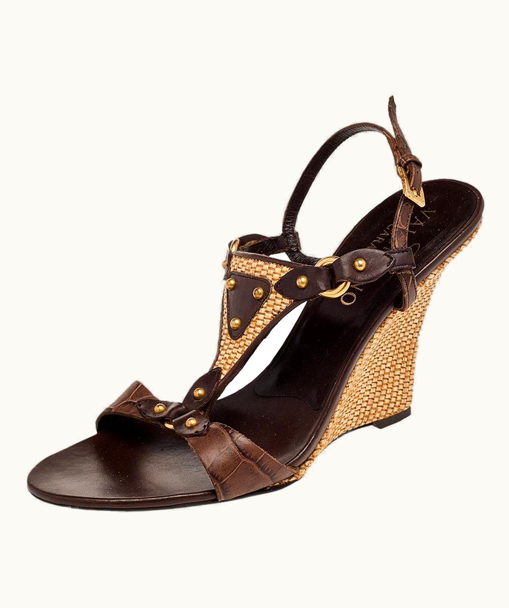 Valentino Valentino Brown Embossed Leather Wedge Sandals