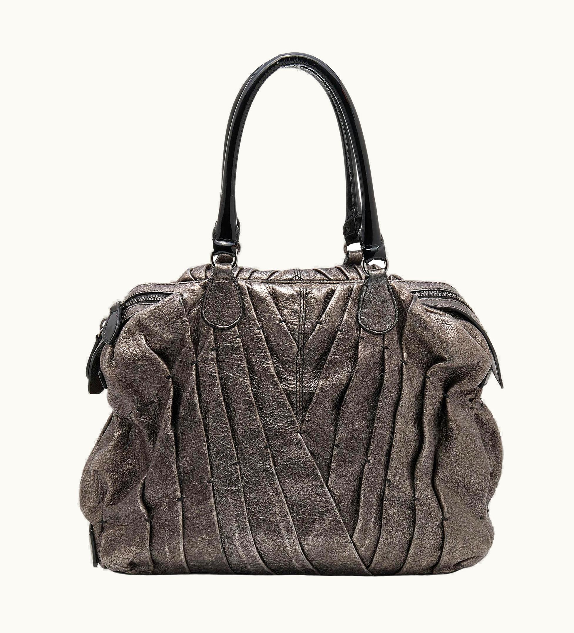 Valentino Valentino Metallic Grey Leather Maison Pintucked Shopper Tote
