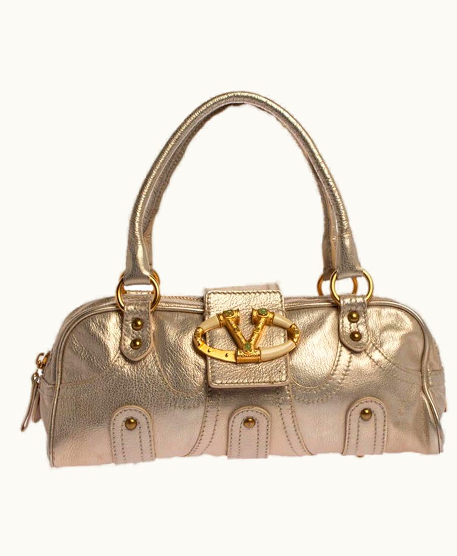 Valentino Valentino Light Gold Textured Leather Embellished VLogo Satchel