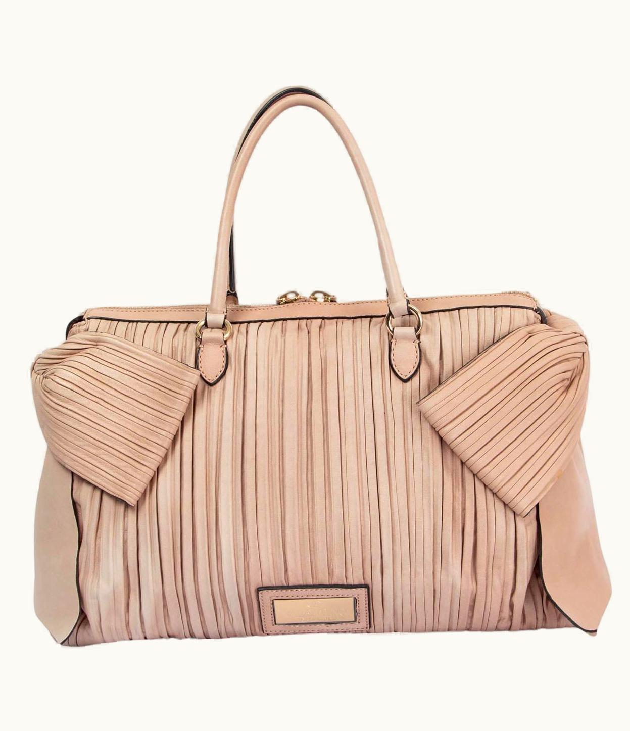 Valentino Valentino Nude Pink Leather Bow Embellished Pleated Bag