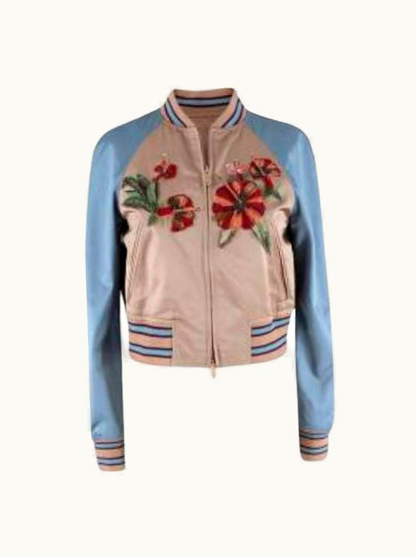 Valentino Valentino Blue & Pink Embroidered Silk Bomber Jacket - Xxs