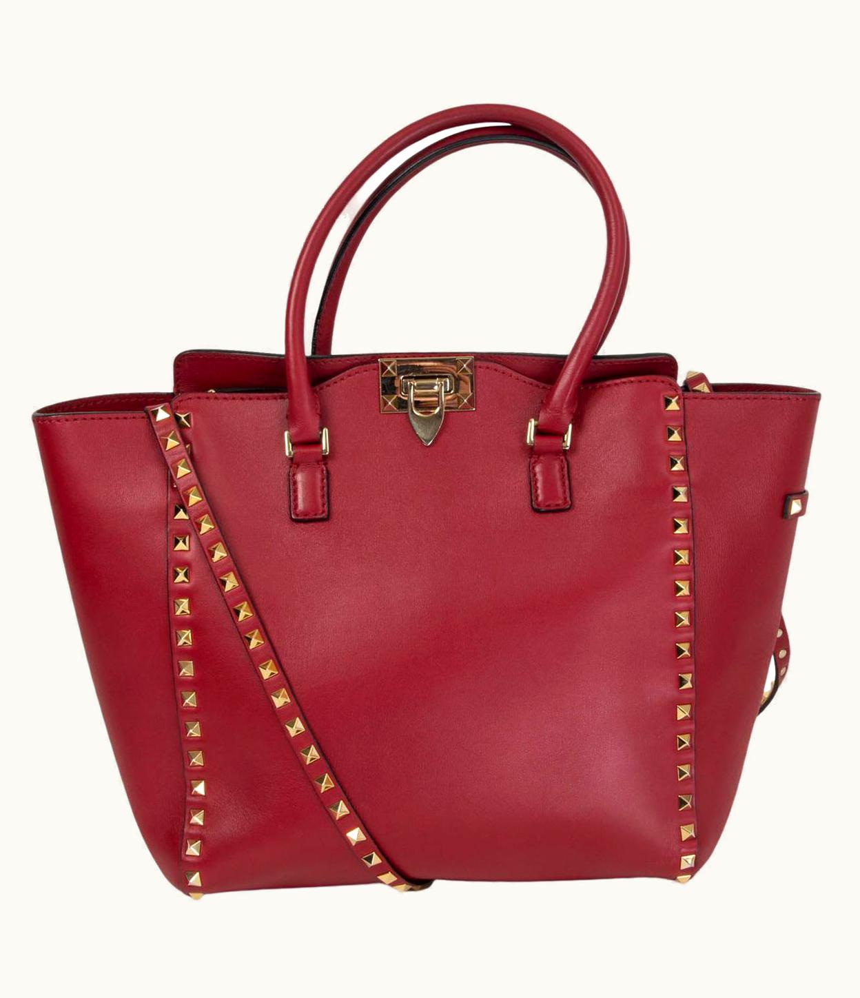 Valentino Valentino Burgundy Leather Rockstud Double Handle Tote Bag