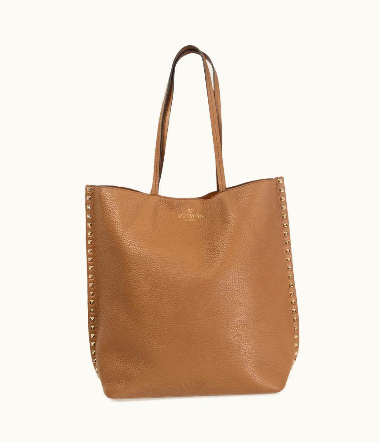 Valentino Valentino Camel Brown Grainy Leather Rockstud Tote Bag