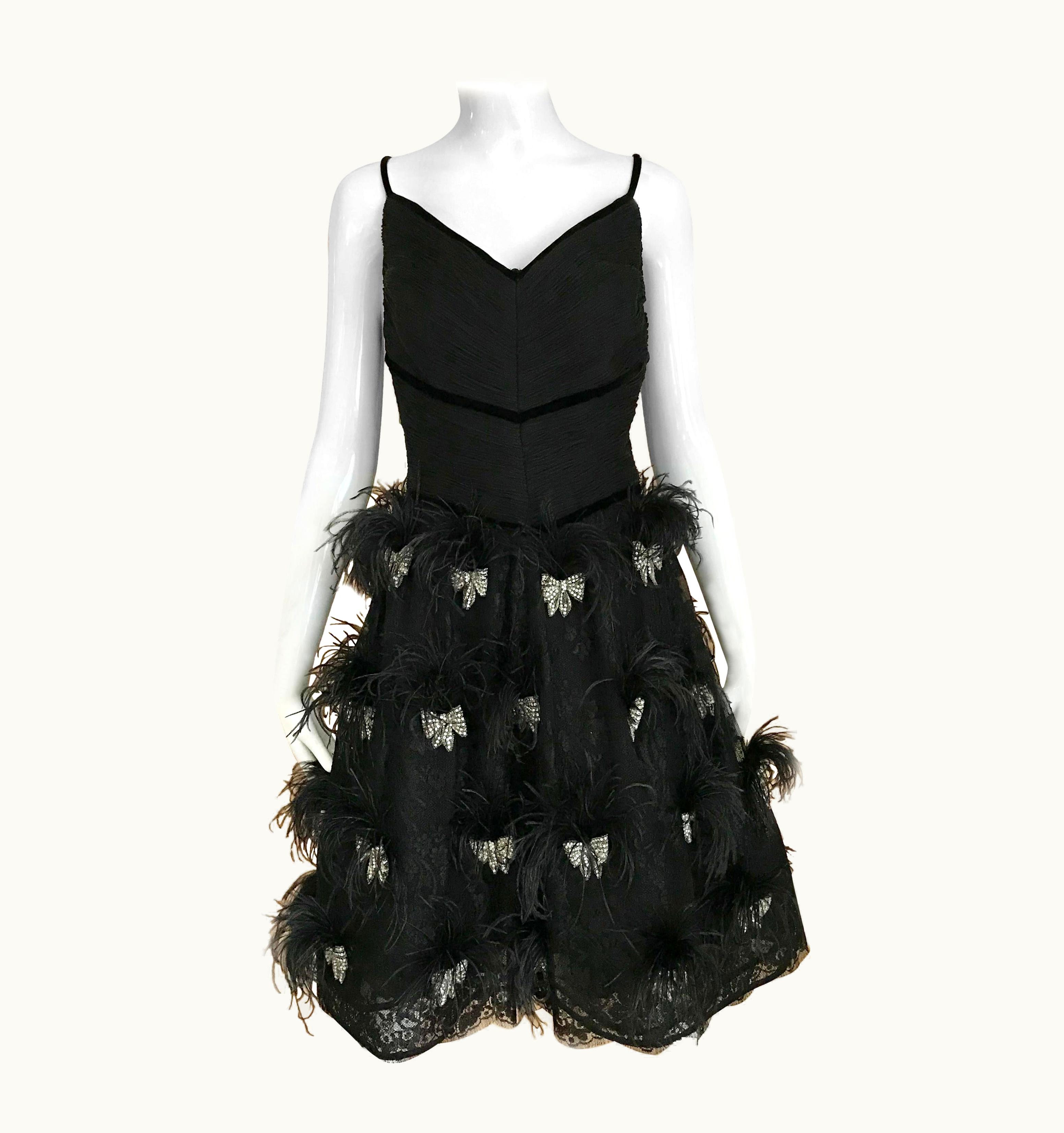 Valentino Valentino Couture Black Silk Spaghetti Strap Dress With Ostrich