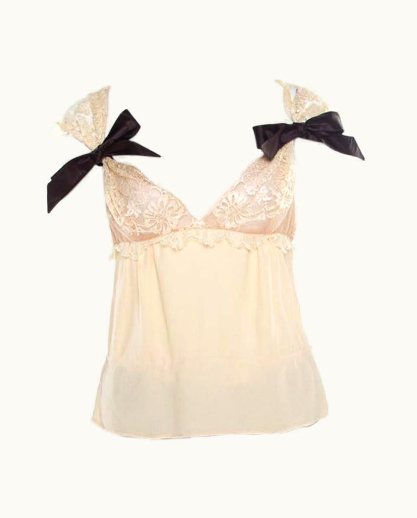 Valentino Valentino Buttercream Crepe Bow Detail Lace Babydoll Top