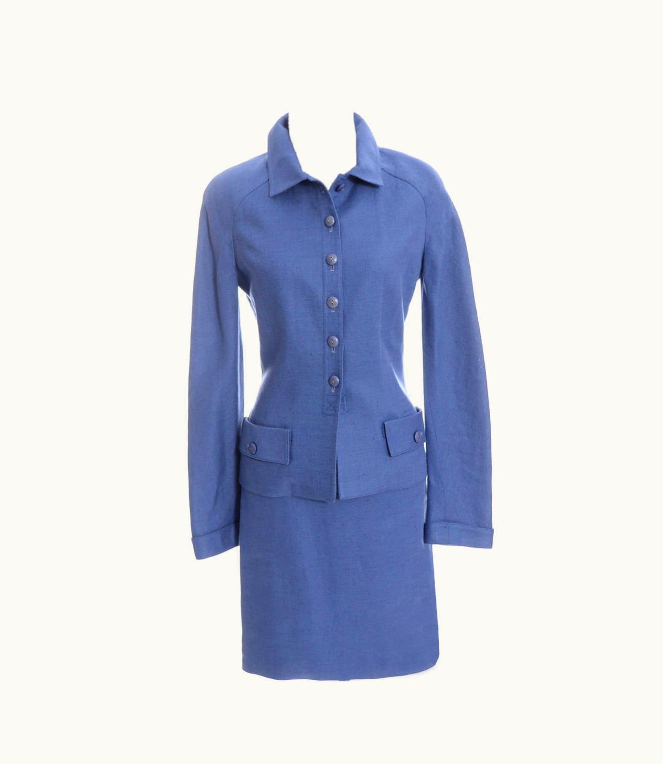 Valentino Vintage Valentino Boutique Blue Linen 2 Pc Skirt Suit