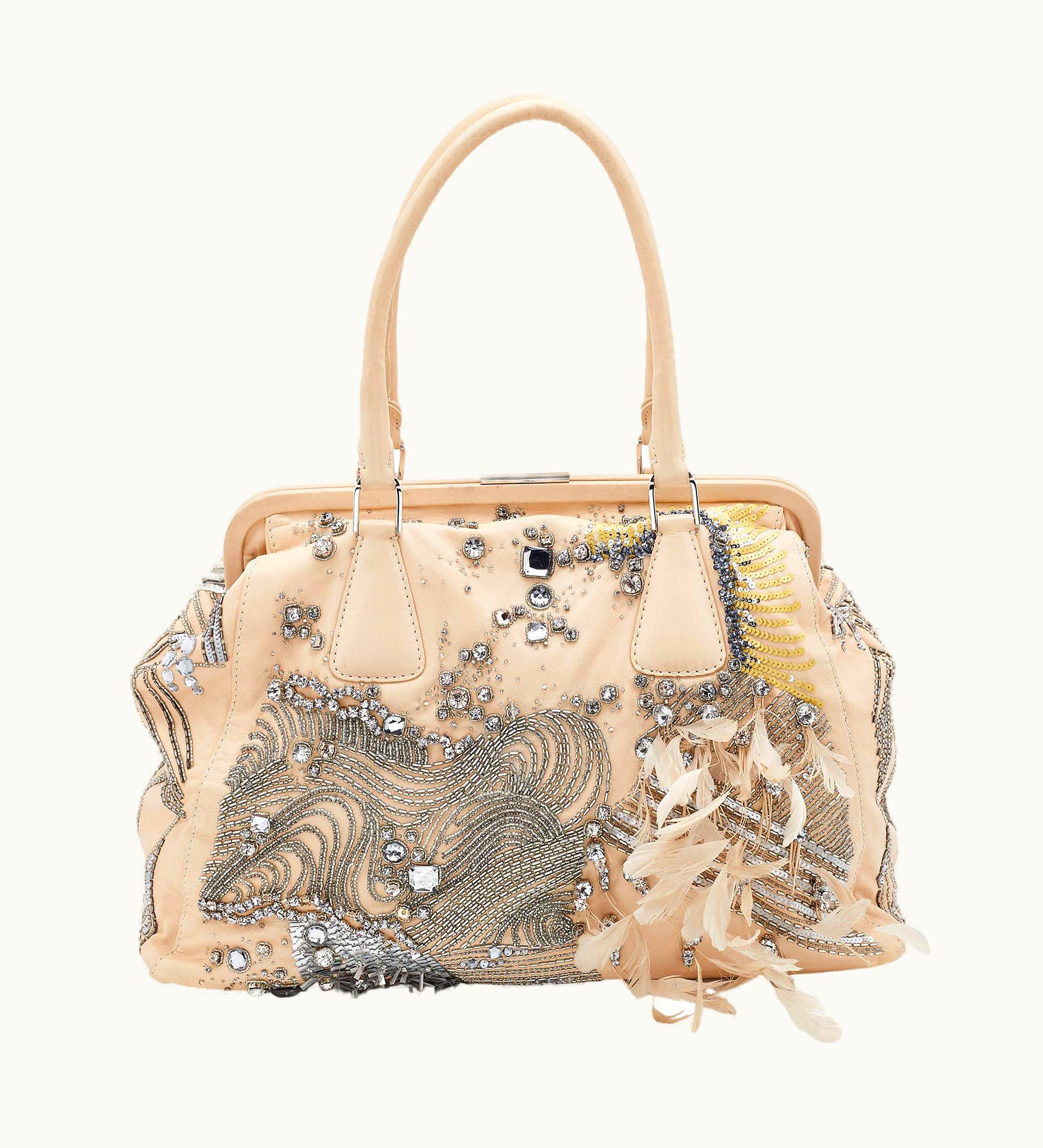 Valentino Valentino Beige Leather Embellished Alice Glam Frame Satchel