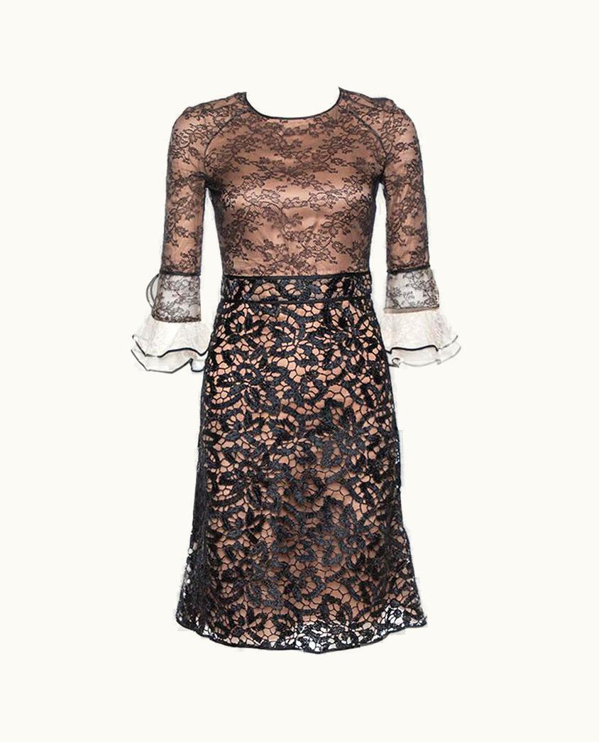 Valentino Valentino Black Lace Overlay Flute Sleeve Midi Dress