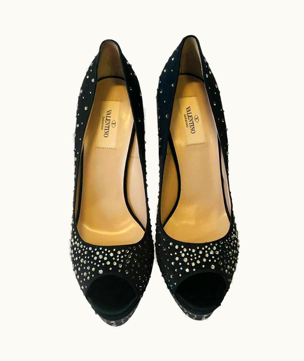 Valentino Valentino Crystal Satin Peep Toe Platform - Black