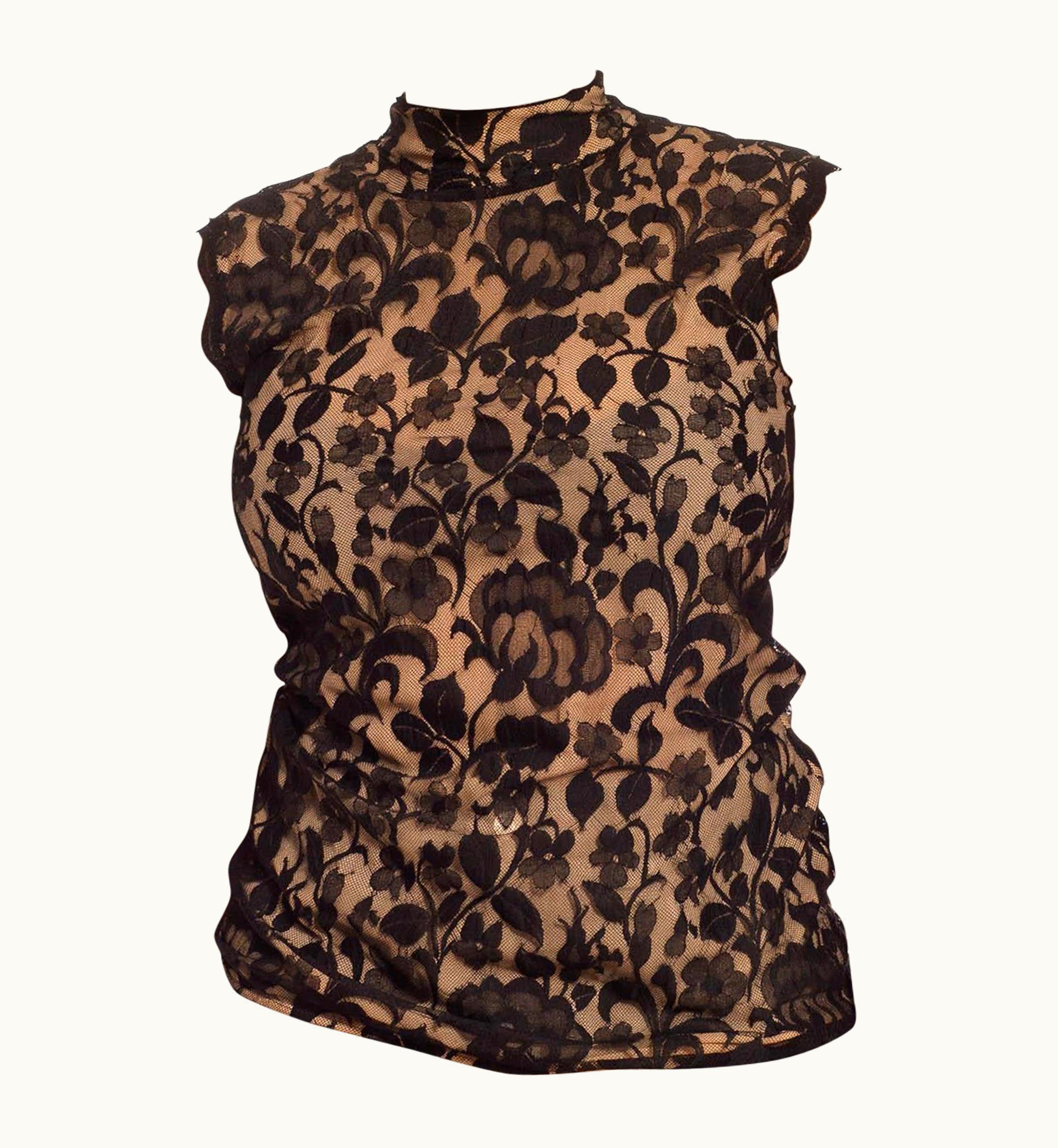 Valentino 1980s Valentino Black Floral Rayon & Silk Lace Sleevless Blouse