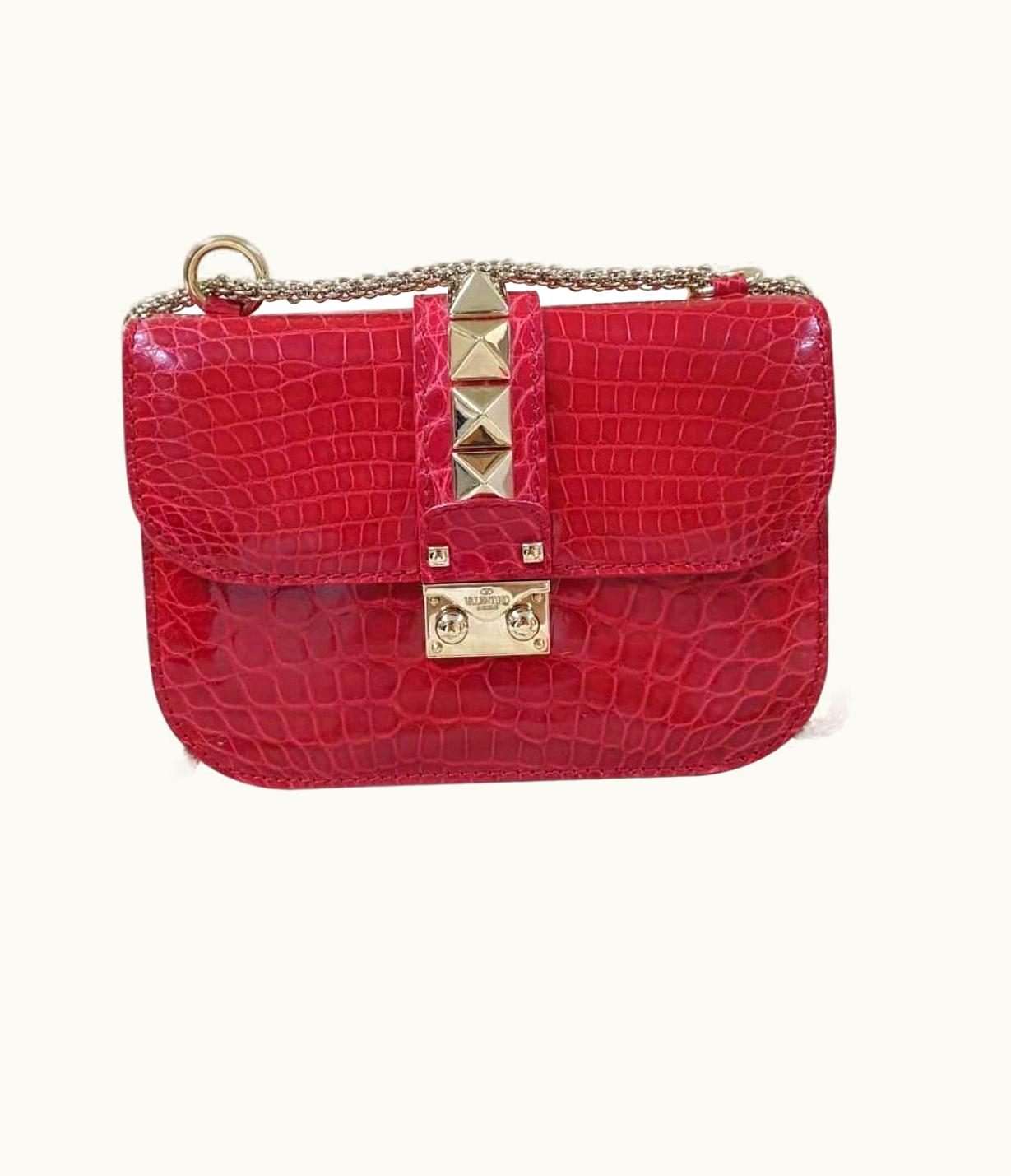 Valentino Valentino Red Crocodile Small Glam Lock Shoulder Bag