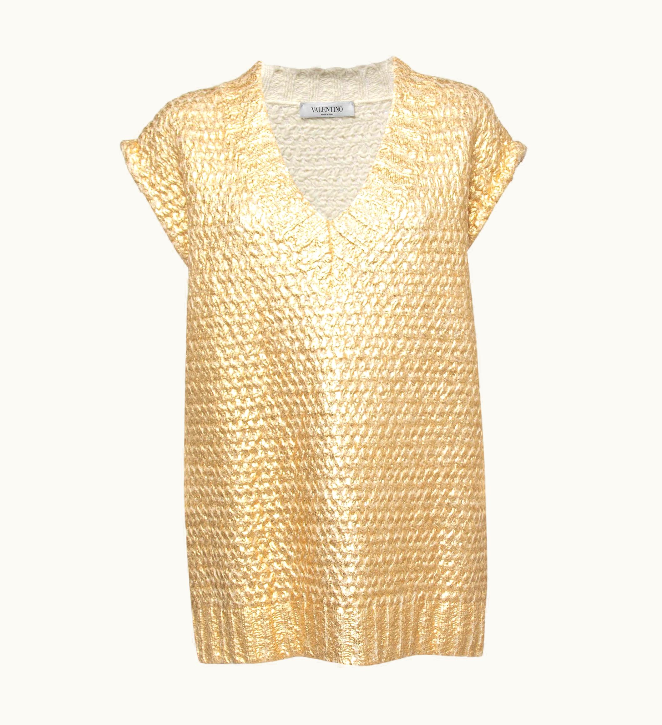 Valentino Valentino Gold Coated Wool Knit V-Neck Vest