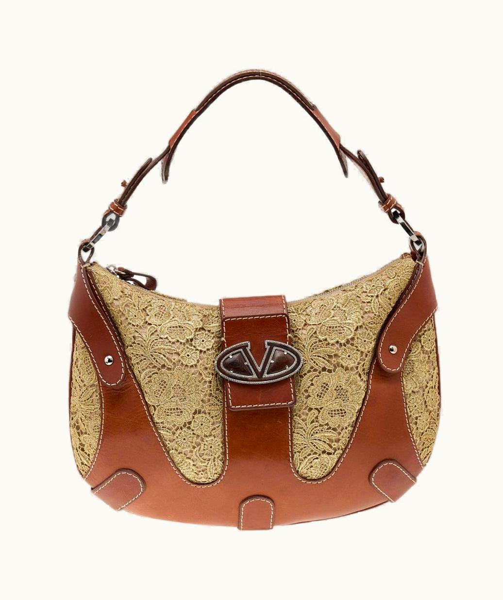 Valentino Valentino Brown/Gold Leather And Lace VLogo Shoulder Bag