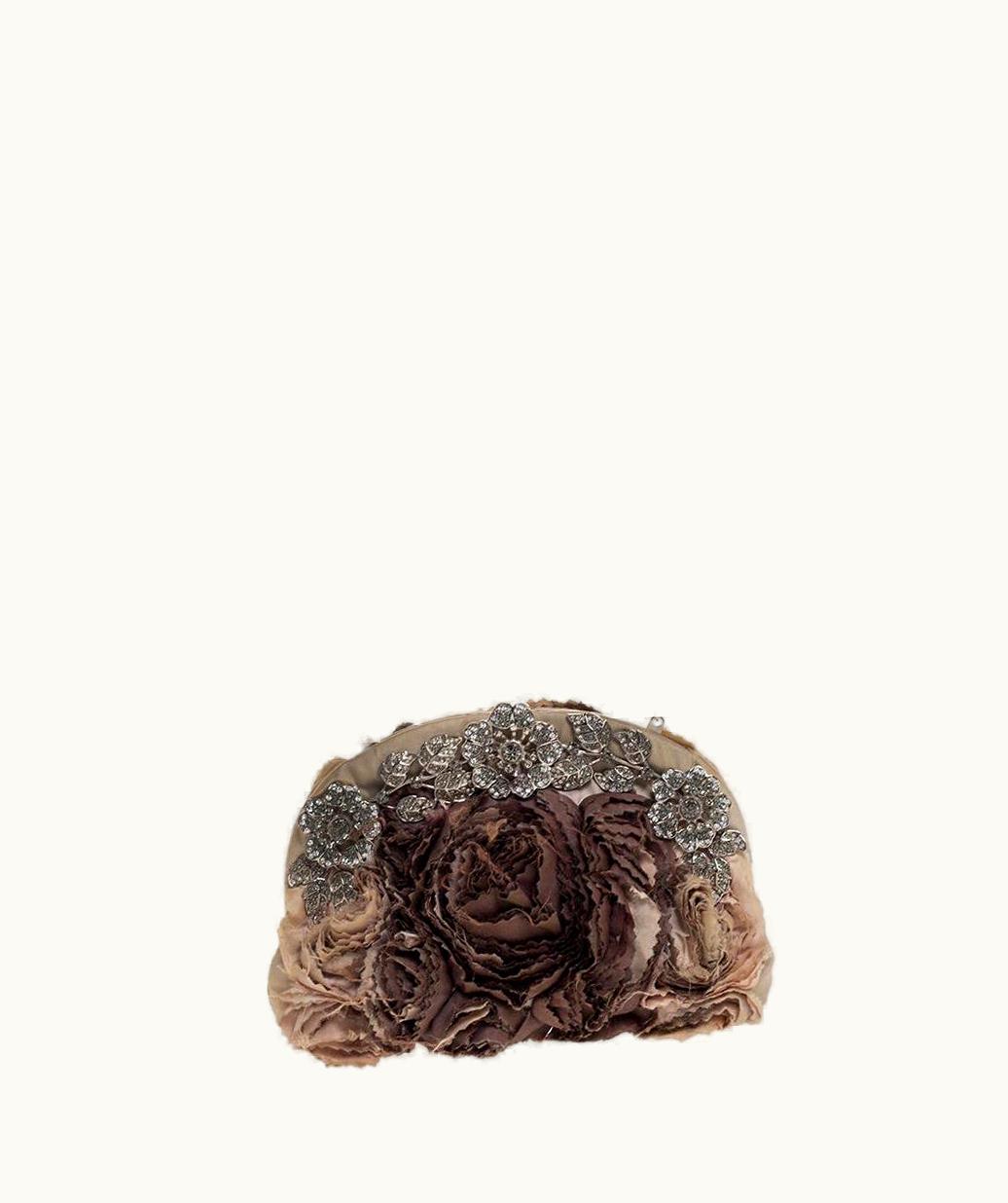 Valentino Valentino Beige Satin Petale Rose Crystal Embellished Chain Clutch