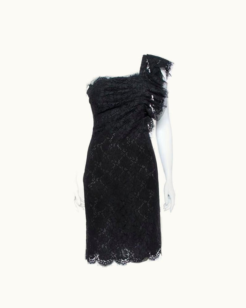 Valentino Valentino Black Lace Ruffle One Shoulder Short Dress