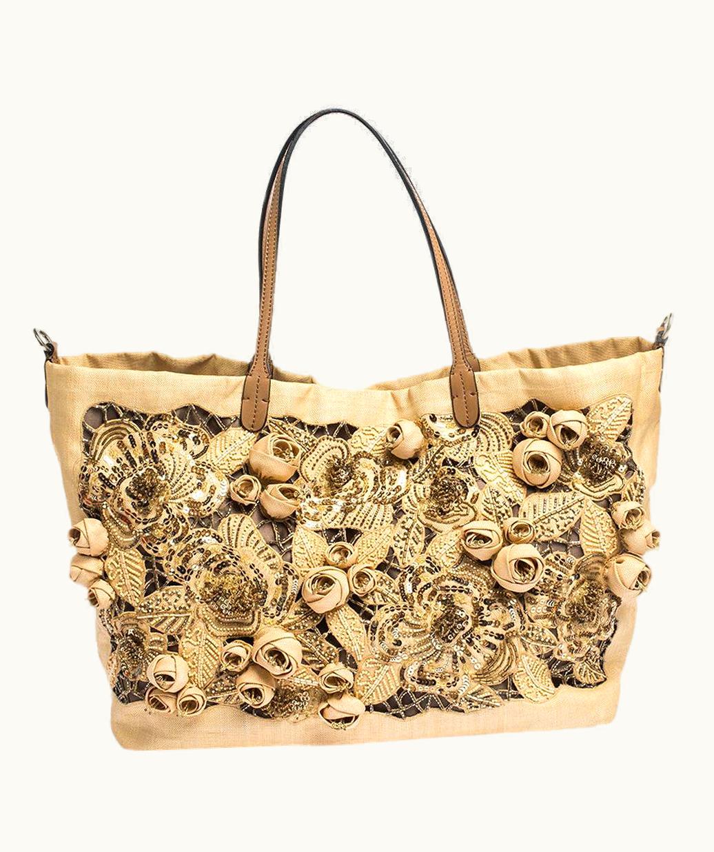 Valentino Valentino Beige Canvas, Sequin And Beaded Floral Applique Tote