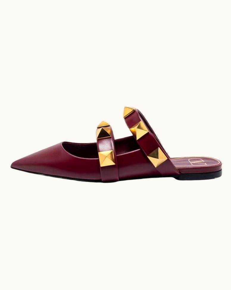 Valentino Valentino Burgundy Leather Roman Stud Flat Mules UZ0611135