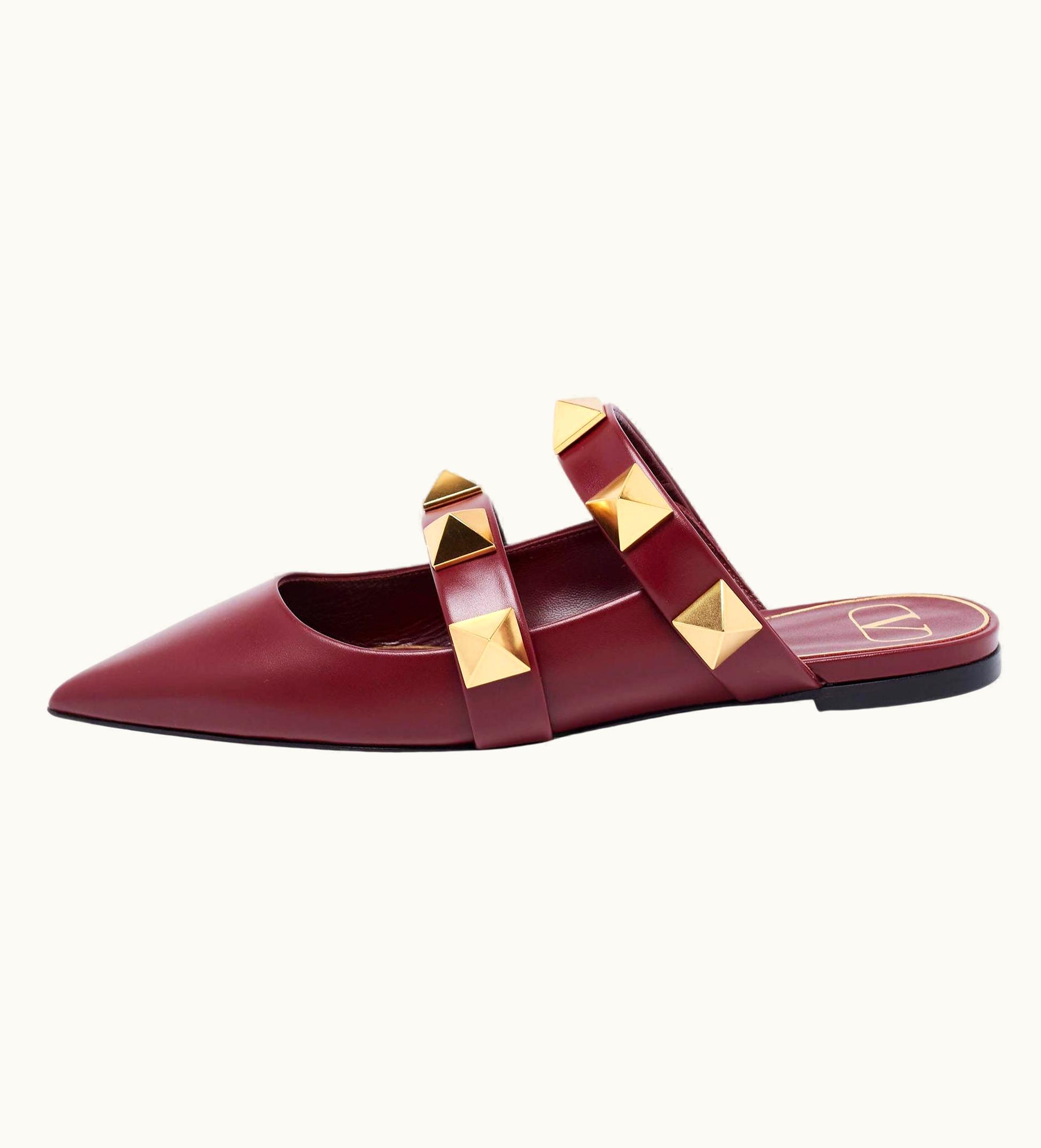 Valentino Valentino Burgundy Leather Roman Stud Flat Mules UZ0611136