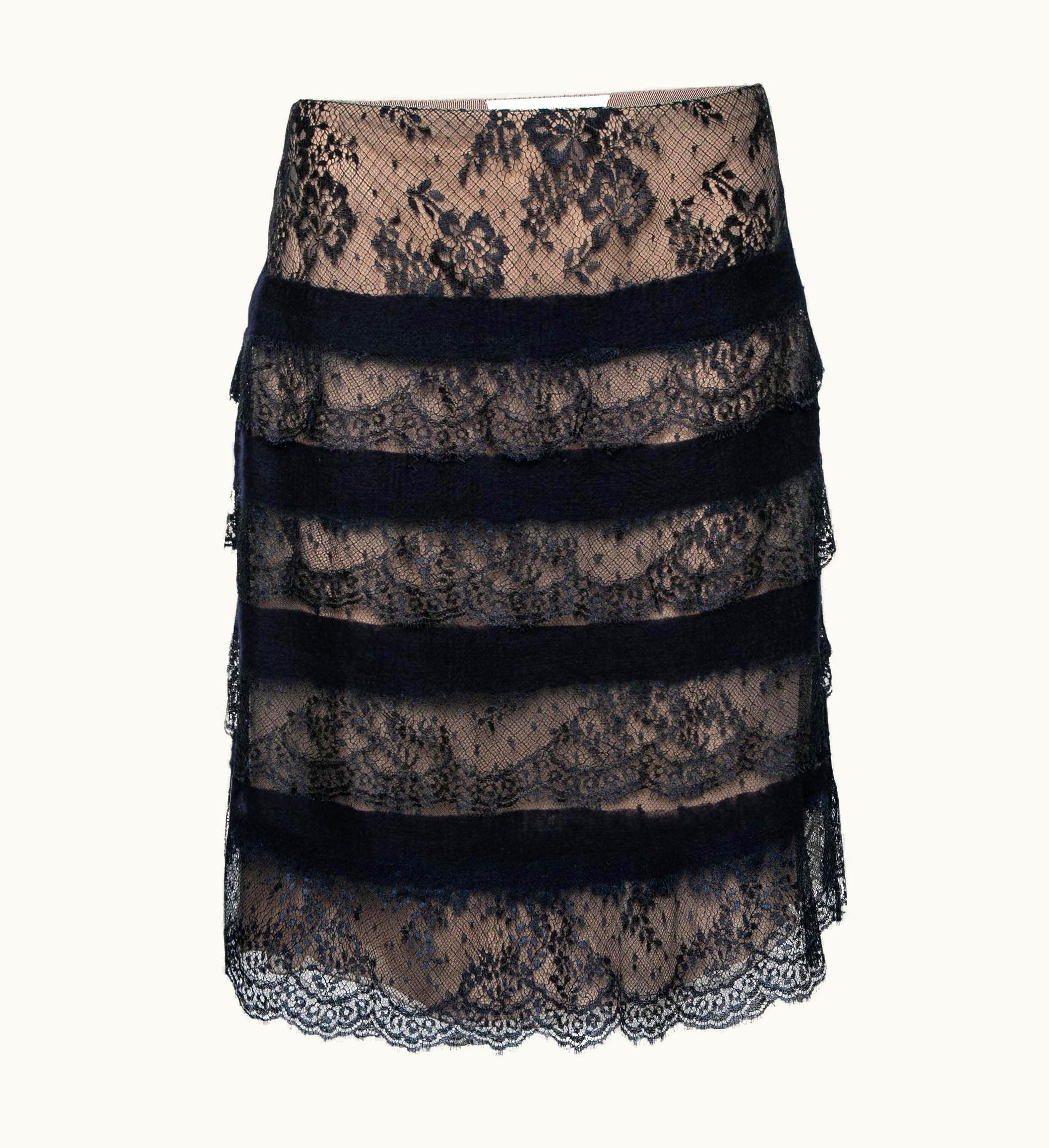 Valentino Valentino Blue And Beige Ruffle Trim Lace Skirt