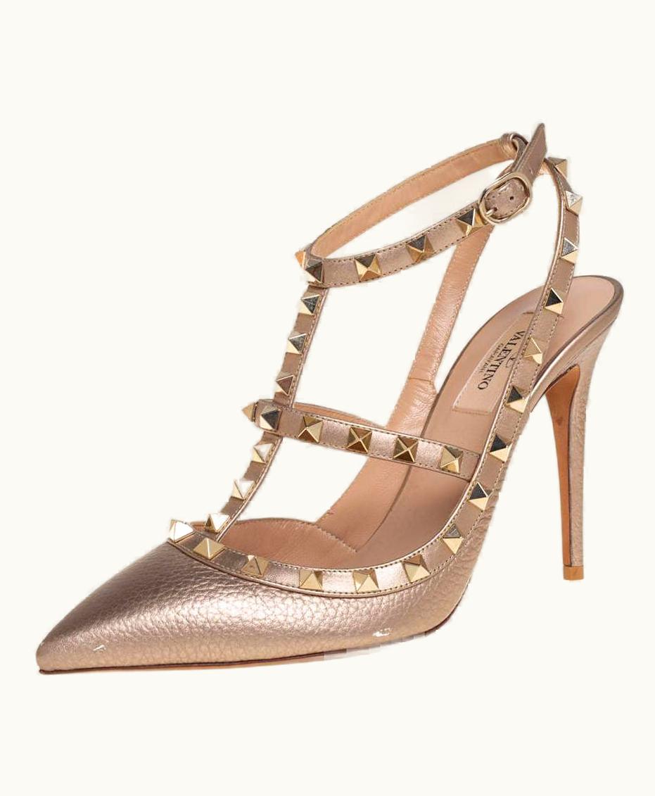 Valentino Valentino Gold Leather Rockstud Ankle Strap Sandals  UZ0611143