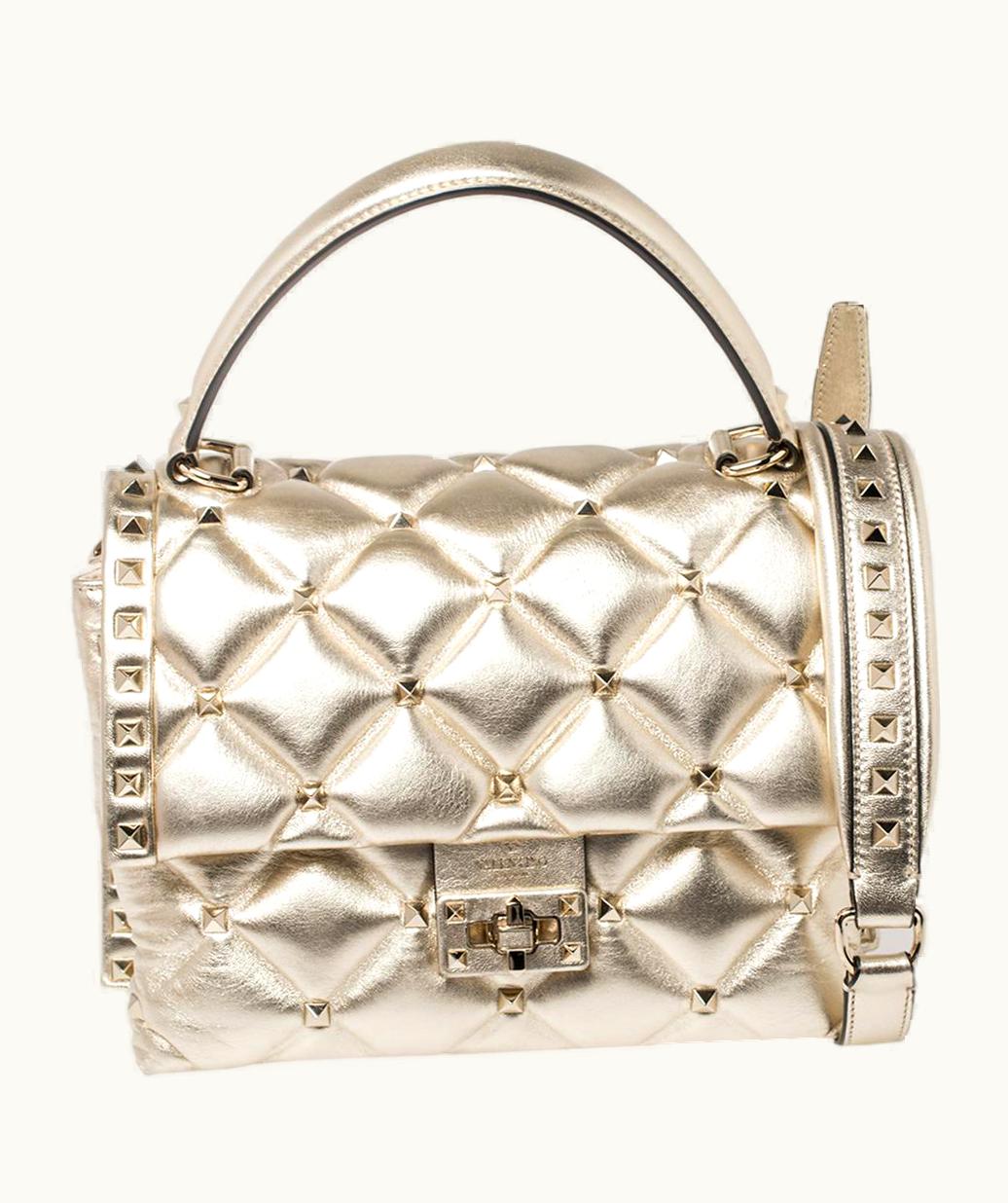 Valentino Valentino Gold Quilted Leather Medium Candystud Top Handle Bag