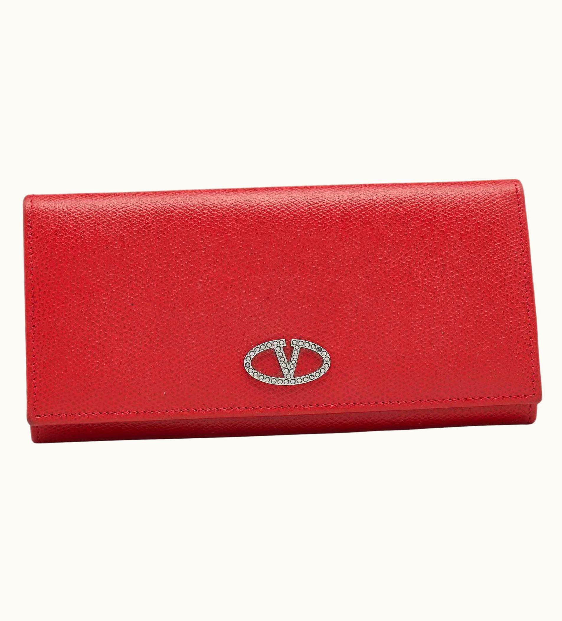 Valentino Valentino Red Leather Crystal V Ring Flap Continental Wallet