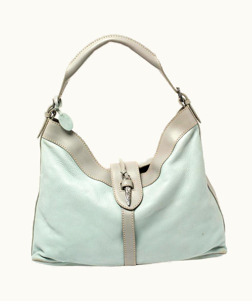 Valentino Valentino Mint Blue/Grey Grain Leather Metal Flap Hobo