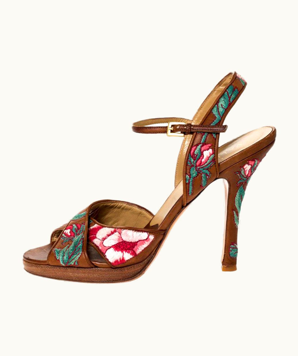 Valentino Valentino Brown Leather Embroidered Ankle Strap Sandals