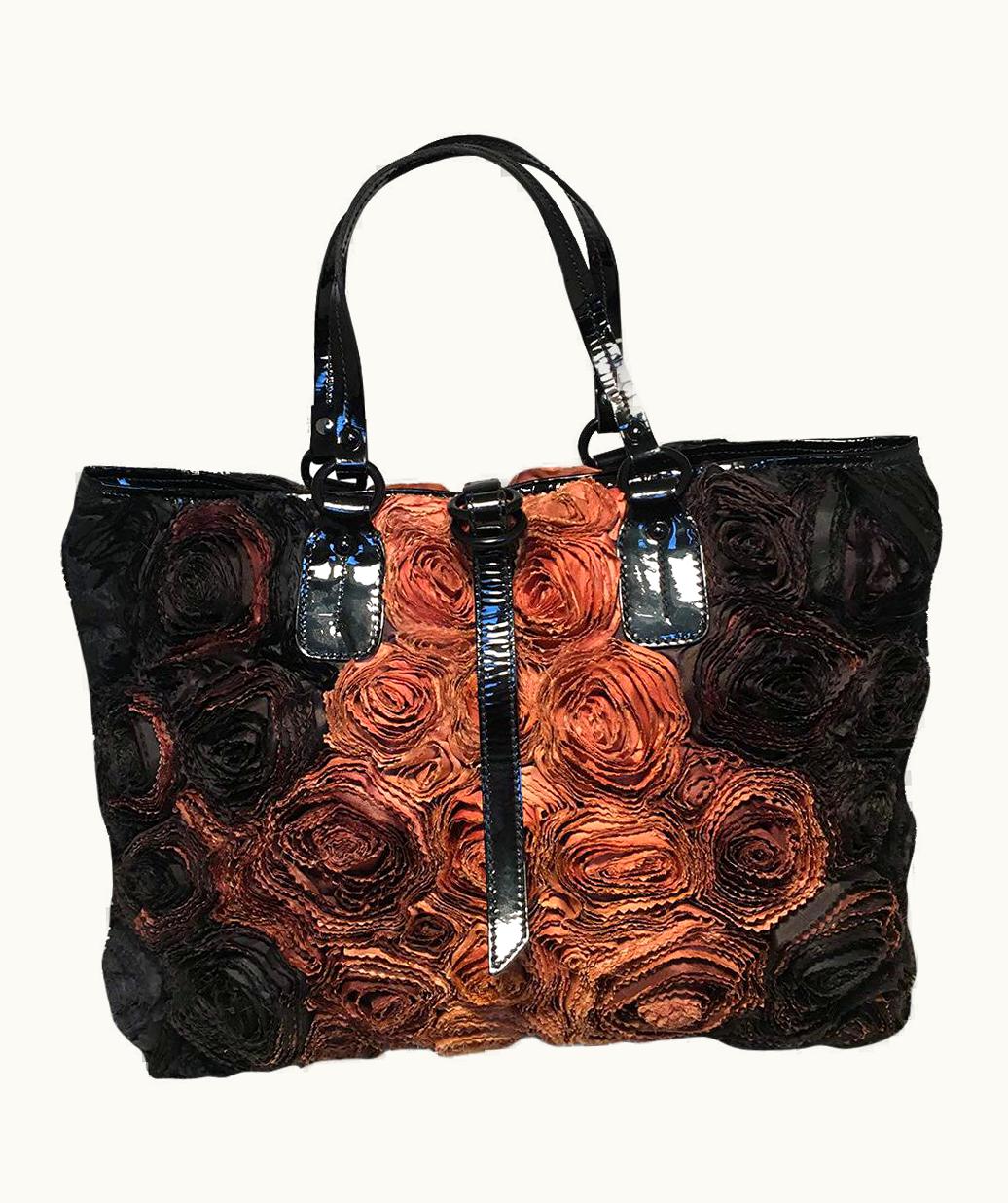 Valentino Valentino Black And Brown Silk Rosier Roses Tote Bag
