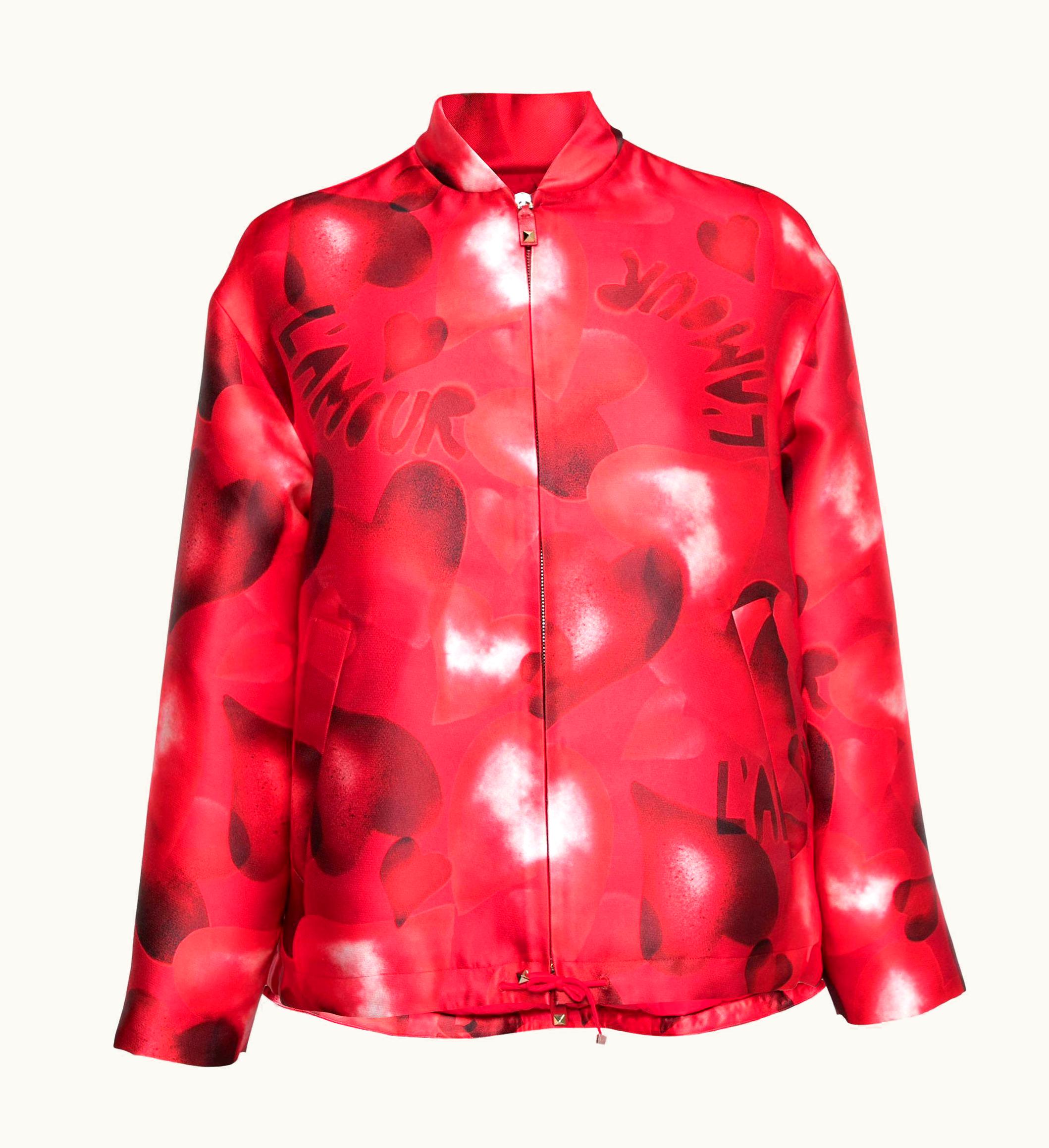 Valentino Valentino Red Printed Satin Zip Front Oversized Jacket UZ0611163