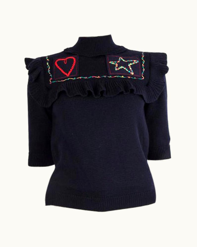 Valentino Valentino Black Wool Ruffled Sailor Mock Neck Sweater