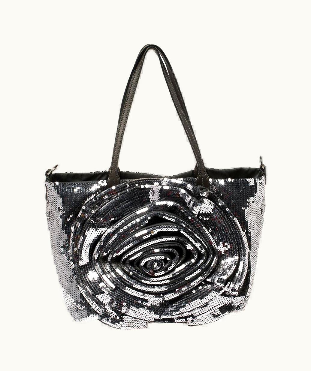 Valentino Valentino Silver/Olive Green Sequins And Leather Petale Tote UZ0611178