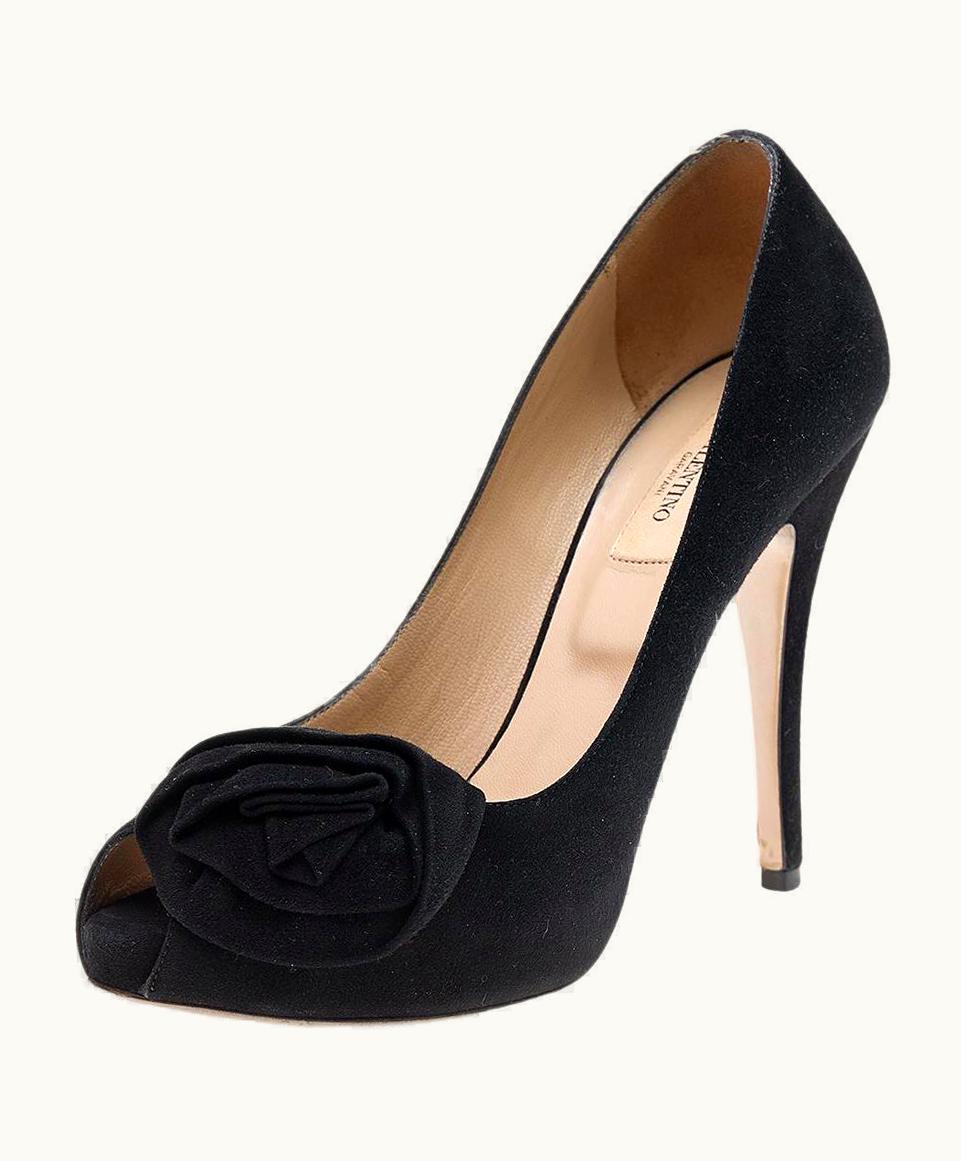 Valentino Valentino Black Suede Knotted Peep Toe Pumps