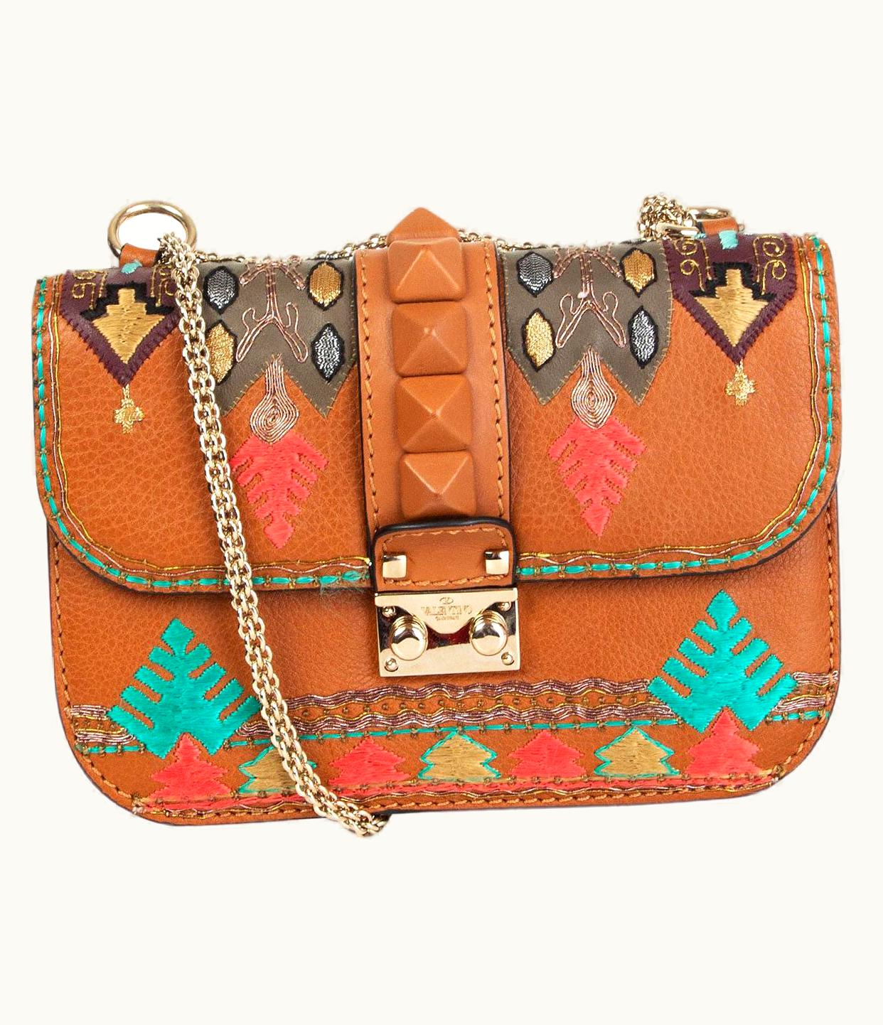 Valentino Valentino Brown Leather Glam Lock Small Embroidered Shoulder Bag