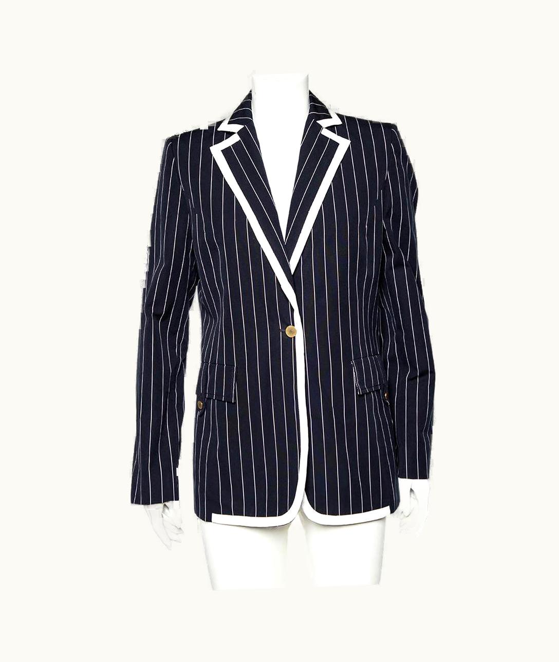 Valentino Valentino Midnight Blue Striped Cotton Button Front Blazer UZ0611210