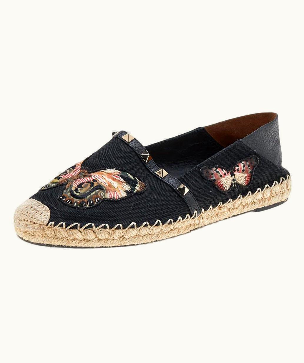 Valentino Valentino Black Leather And Canvas Espadrille Flats
