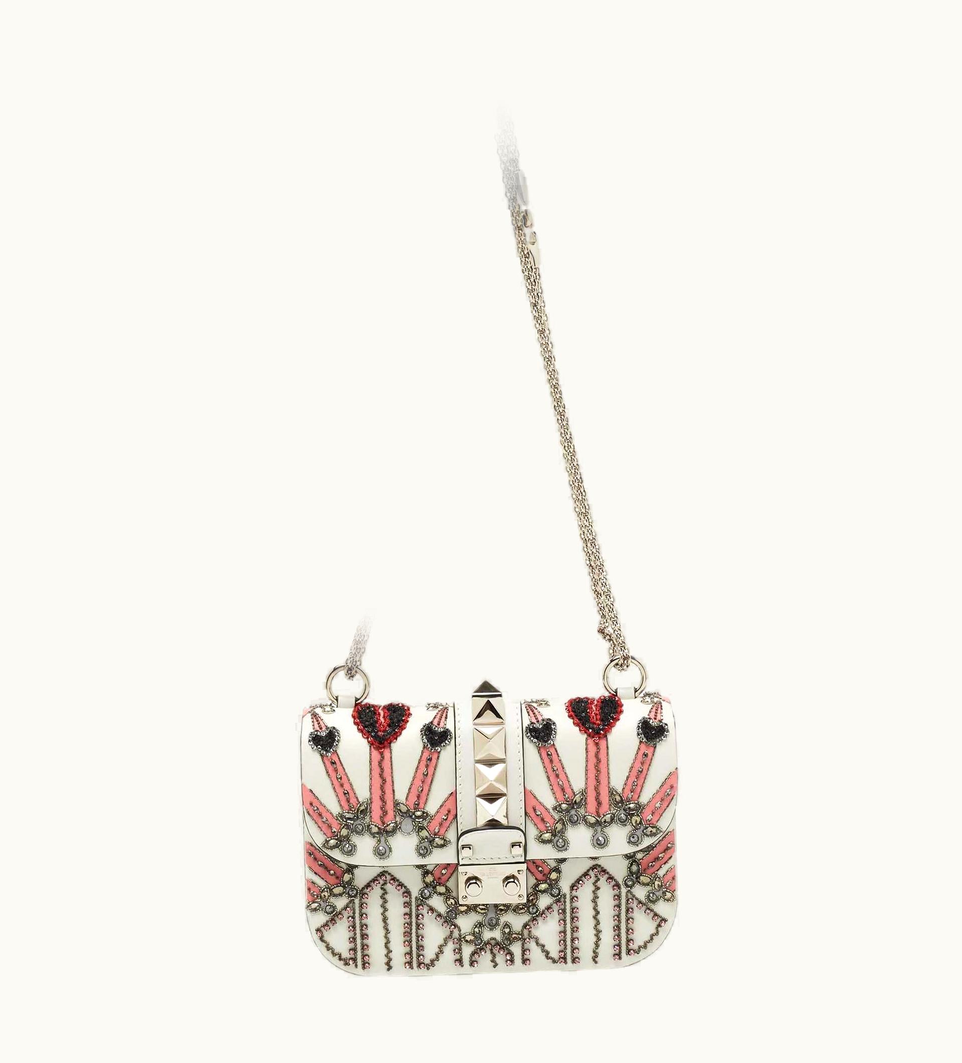 Valentino Valentino White Leather Small Crystal, Beaded Embellished Flap Bag