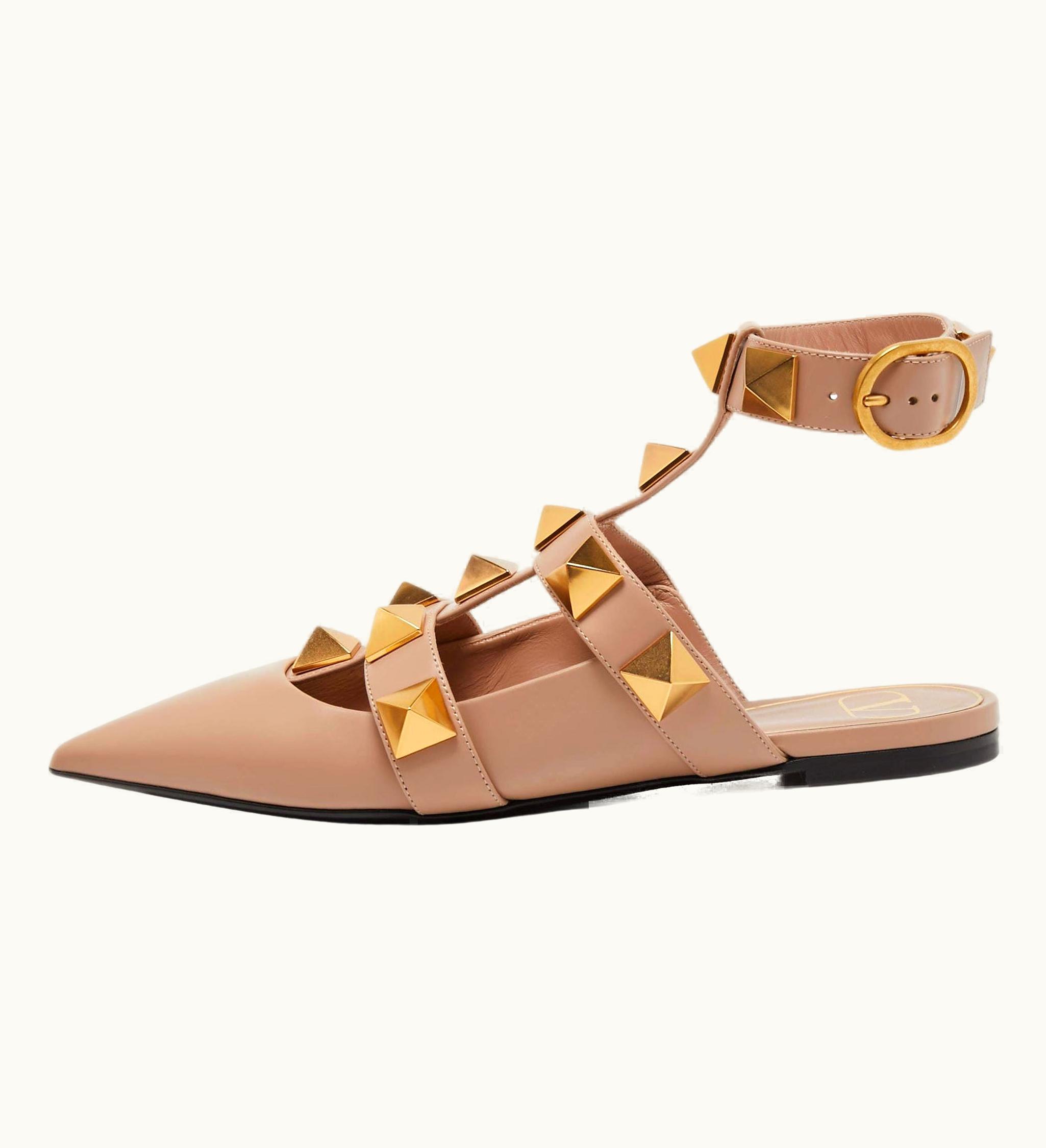 Valentino Valentino Beige Leather Roman Stud Flat Mules