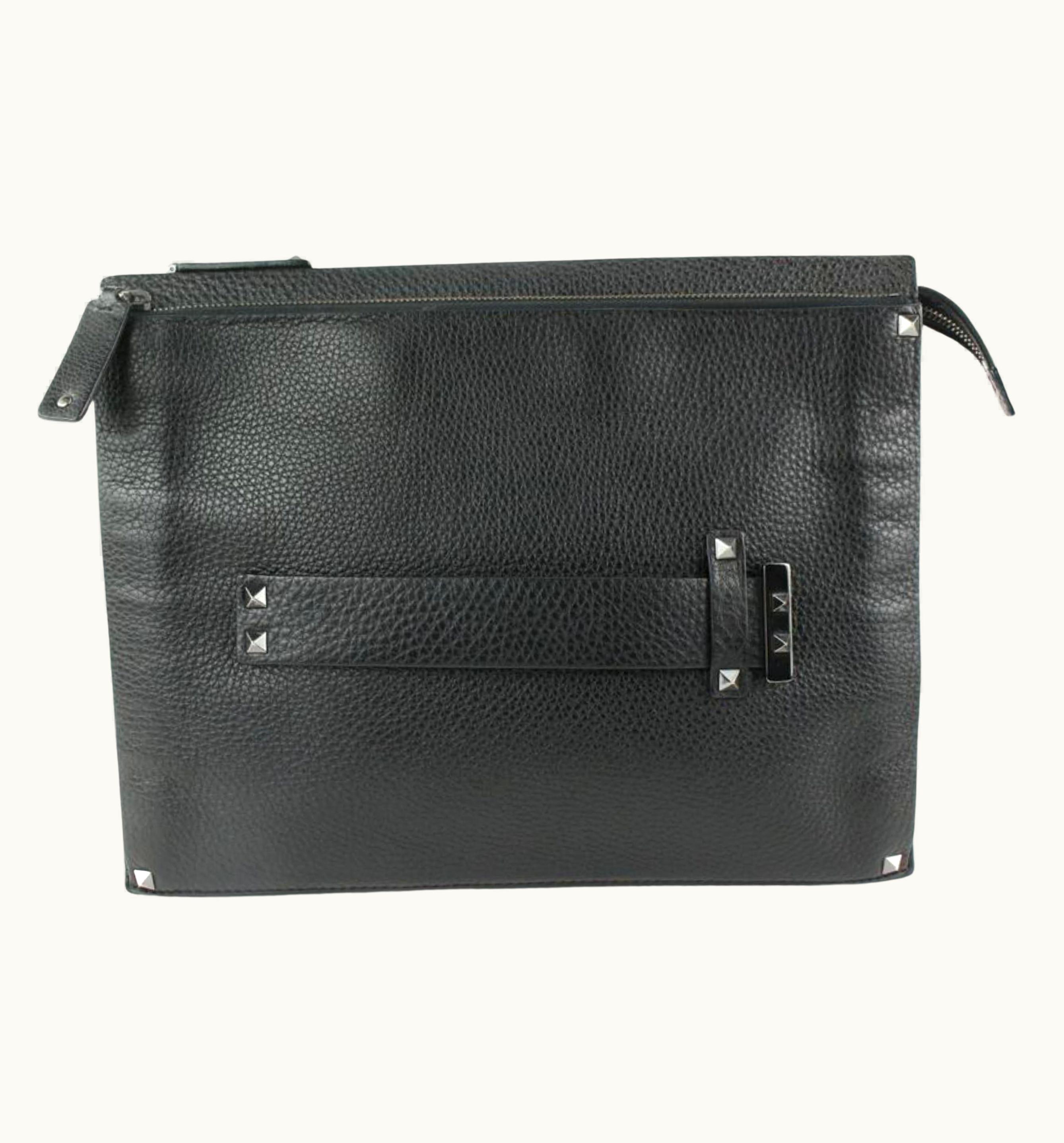 Valentino Valentino Black Leather Rockstud Panel Clutch Handle Bag 111va17