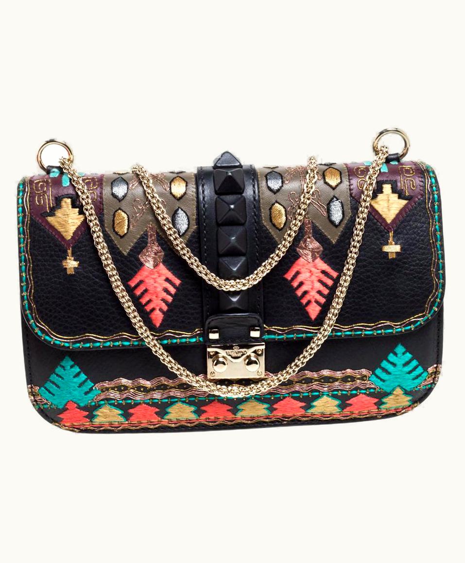 Valentino Valentino Multicolor Embroidered Leather Medium Glam Lock Flap Bag