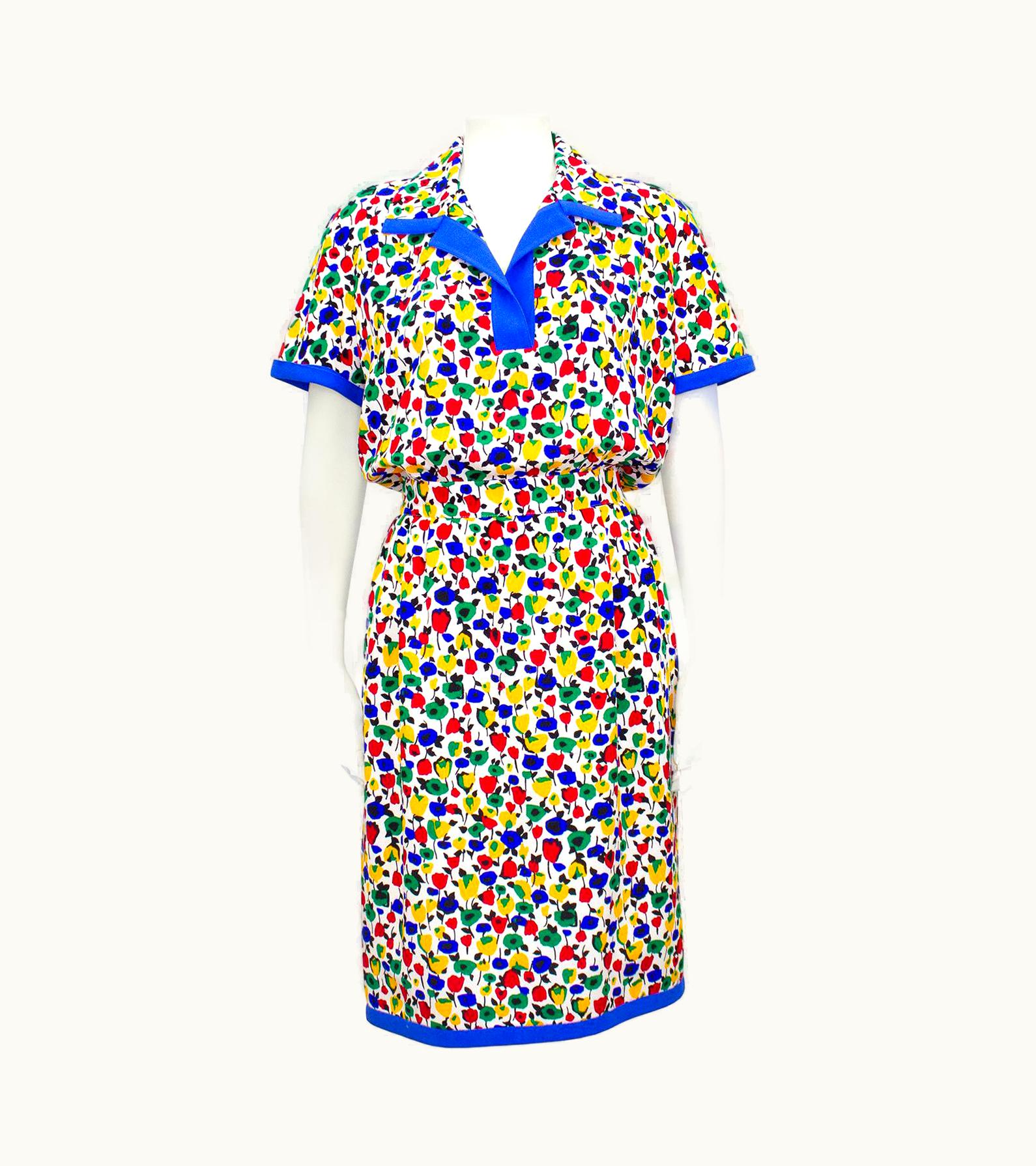Valentino 1980s Valentino Silk Floral Shirt Dress With Blue Trim