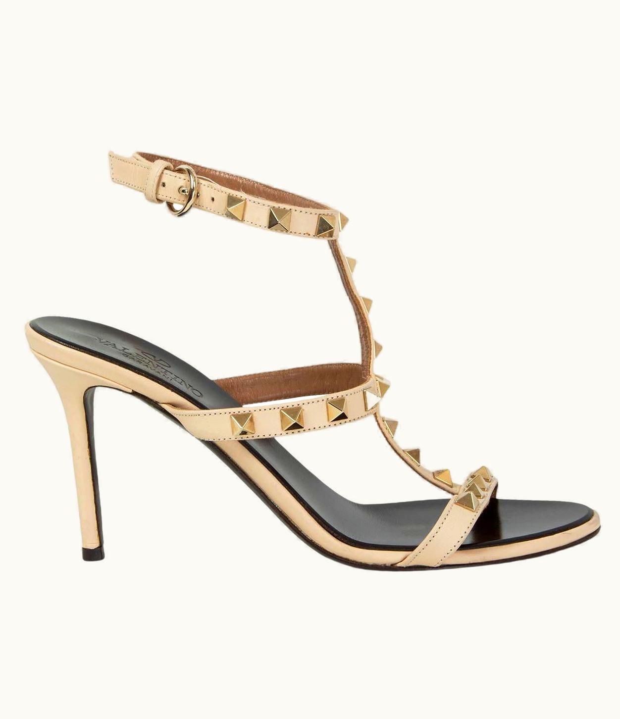 Valentino Valentino Beige Leather Rockstud T-strap Sandals Shoes