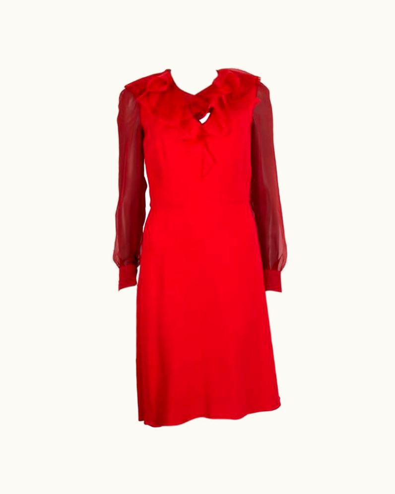 Valentino Valentino Red Viscose Ruffle Neck Sheer Sleeve Dress
