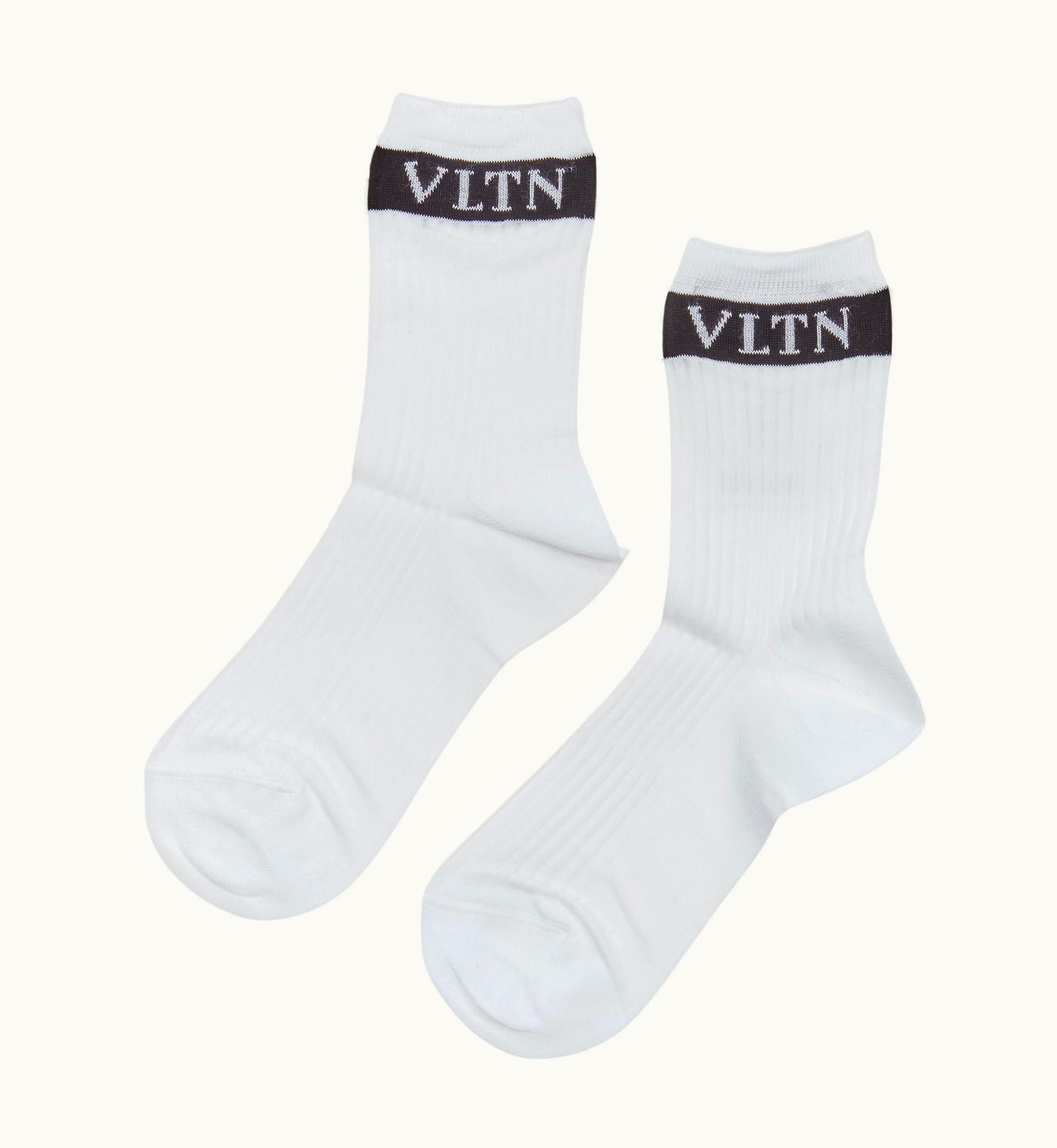 Valentino Valentino Vltn Black Box Logo Stripe White Cotton Socks