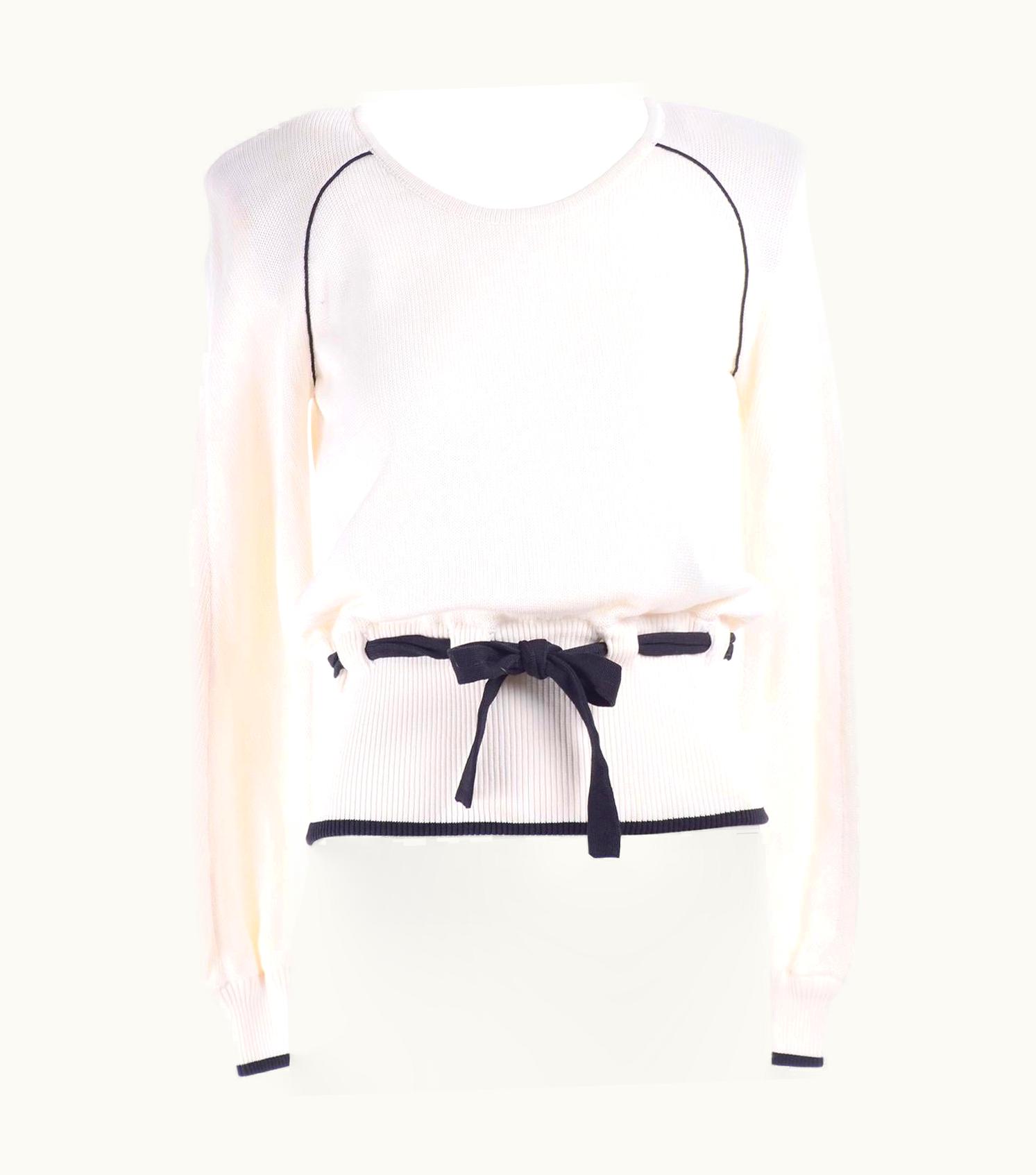 Valentino Vintage Valentino Ivory White Cotton Sweater With Black Sash Belt