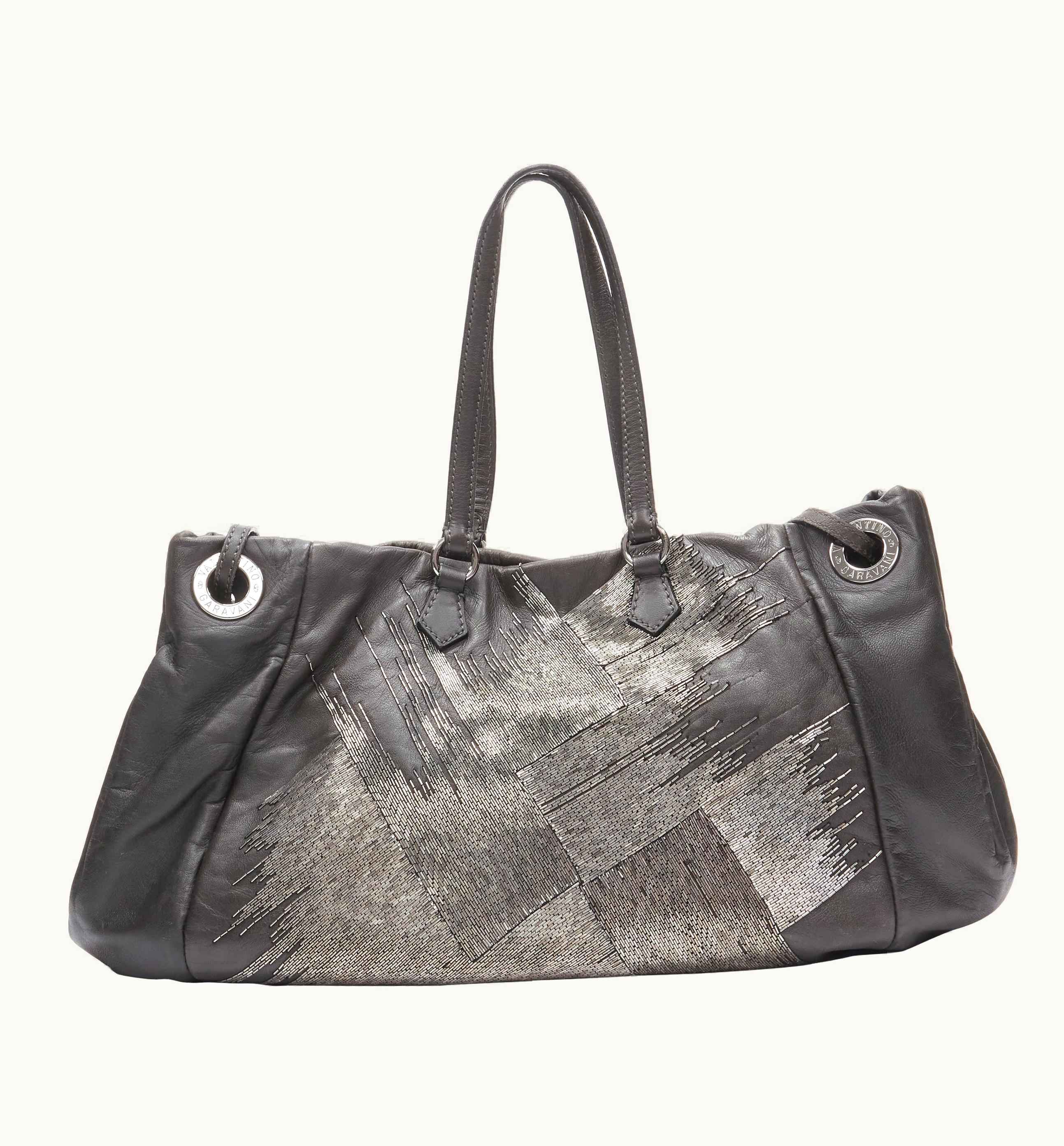 Valentino Valentino Silver Bead Embellished Grey Leather Crossbody Large Tote Bag