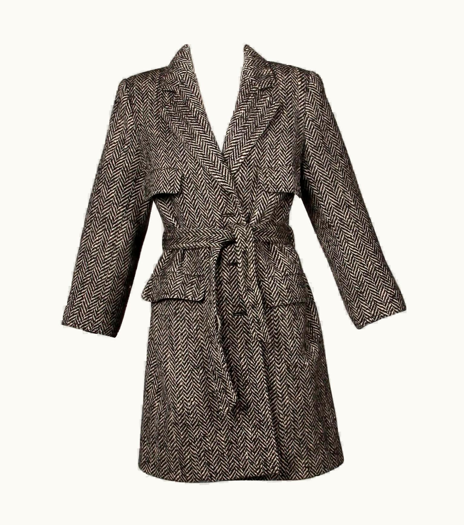 Valentino Valentino Vintage Black + White Heringbone Wool Coat With Sash Belt