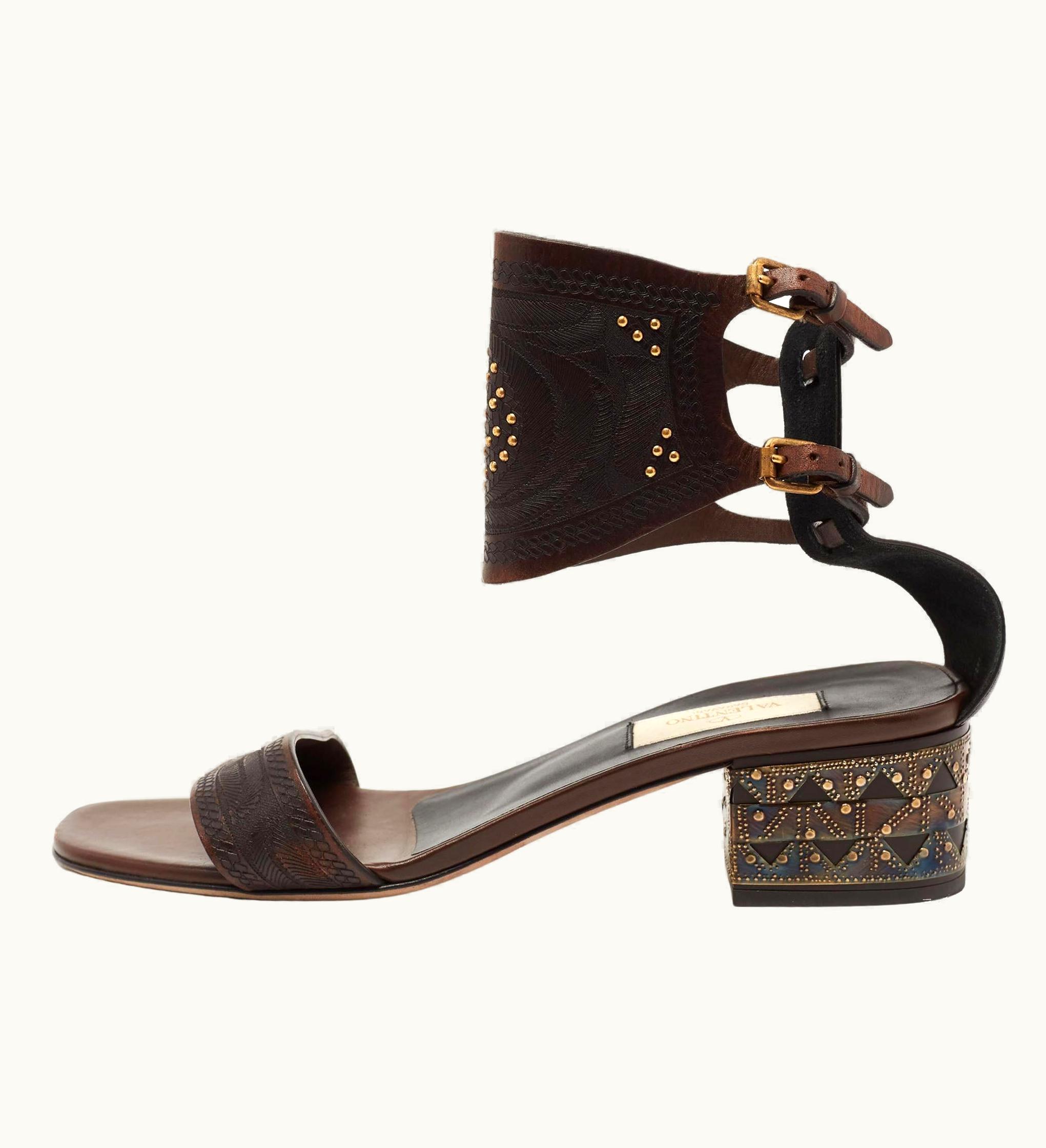 Valentino Valentino Brown Leather Studded Buckle Ankle Strap Sandals
